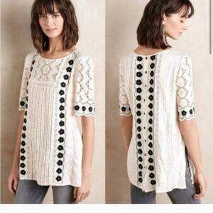 Anteopology Flueat Embroidered White Top with Black Accents